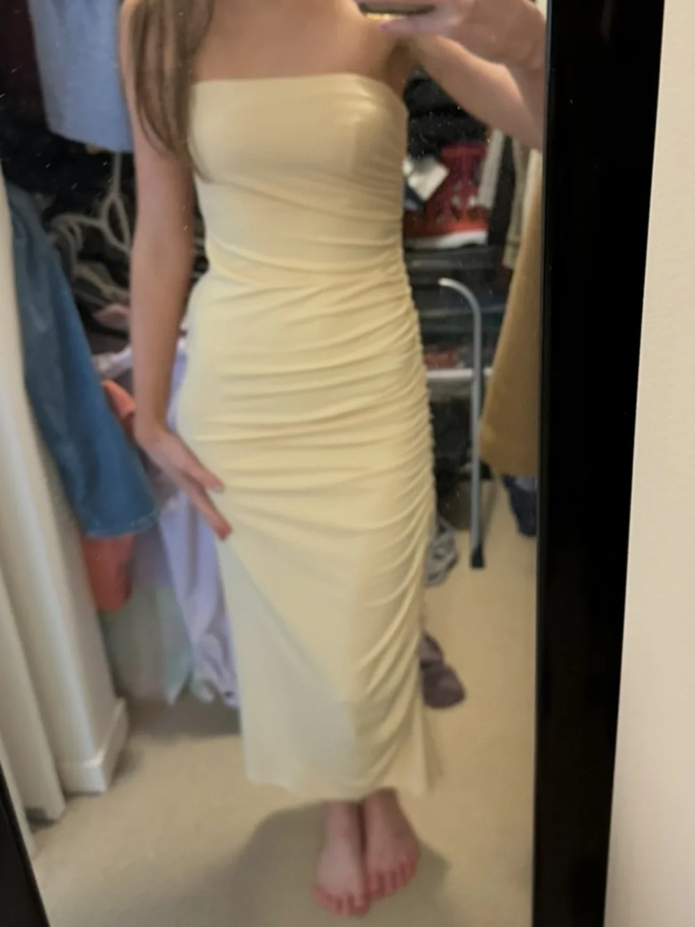 Zara Strapless Ruched Midi Dress in Butter Yellow - Picture 2 of 2